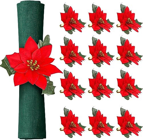 LATERN 8 Stück Weihnachts Servietten Ringes, 14CM Weihnachtsstern Serviettenhalter Serviettenschnalle mit grünen Blättern zum Weihnachtsessen Erntedankfest Urlaub Party Tisch Dekoration (4cm x 4cm)