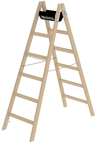 PROREGAL Sprossen-Stehleiter Holz mit Werkzeugablage | 2x6 Sprossen | Leiter, Teleskopleiter, Trittleiter, Bockleiter, Sprossen-Doppelleiter