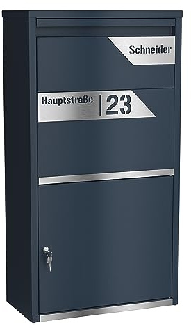 Graviers Design Paketbriefkasten personalisiert freistehend - pulverbeschichteter Stahl mit Edelstahl Namensschild Gravur Schnitt - Briefkasten Rückholsperre Postbox für Pakete Paketbox Design 6