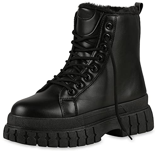 VAN HILL Damen Stiefeletten Plateau Boots Warm Gefüttert mit Blockabsatz Profilsohle