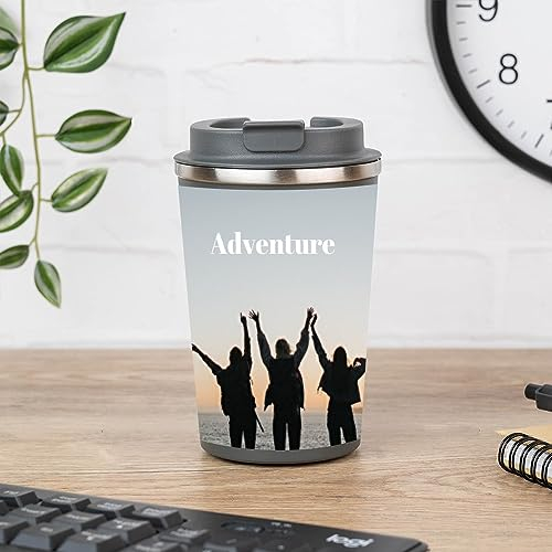 Wanapix | Termo Cafe Personalizado 350 ml | Personalizado con Foto y Texto | Vaso Térmicos de Doble Capa | Taza para Llevar | Acero Inoxidable | Libre de BPA | 100% Personalizado Gris