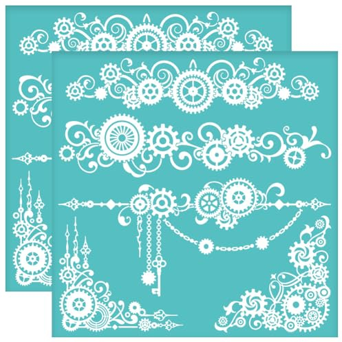OLYCRAFT 2 Stück 22x22cm Selbstklebende Siebdruckschablone Steampunk Siebdruckschablone Zahnrad Siebdruckschablone Barock Eckgitter Transferschablonen Für DIY T-Shirt Stoffmalerei