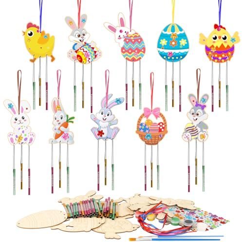 HONMOK 10pcs Ostern Windspiel Bastelset, Ostern Basteln Holz mit Osterhase Osterküken Osterier, Osterwindspiel mit Acrylfarbe, Osternbasteln zum Bemalen, Osterndeko Geschenk für Frühling Mädchen Junge