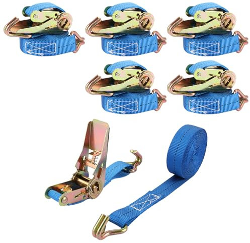 FWEEK 6 Pièces Sangle à Cliquet, 5mx25mm Sangle Cliquet avec Crochets, 800kg Sangle Crochet de Levage, Bleu Sangle à Cliquet pour Cargaison, Moto, Camions