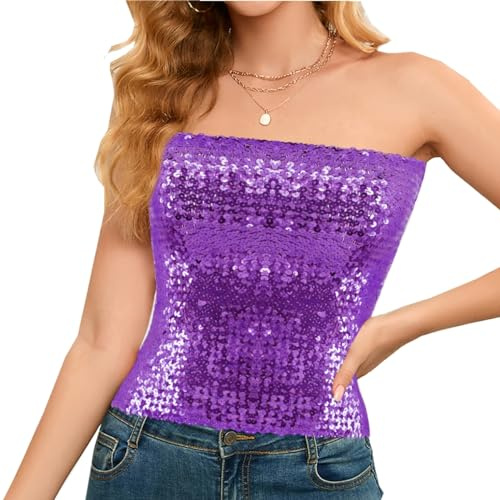 Segreto Top sexy da donna con paillette, senza maniche, vintage, a fascia, senza spalline, crop top per feste