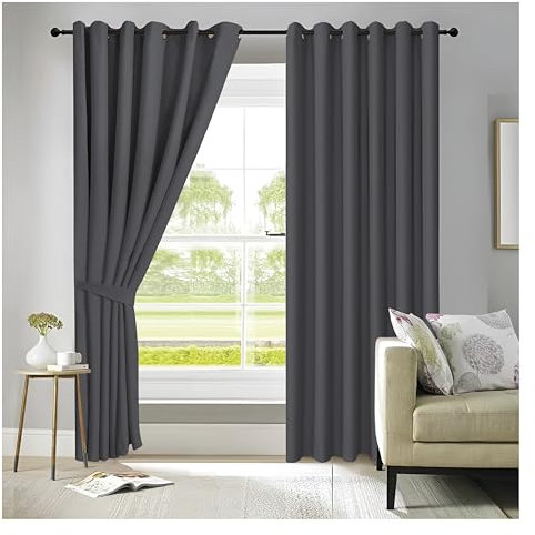 APEX FURNISHINGS Charcoal Blackout Curtains for Bedroom 90 Inch Drop Thermal Insulated Eyelet Curtains & Drapes for Window Treatment & Living Room, 2 Panels (66x90 Inches)