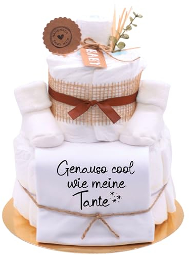Trend Mama® | Sprüche Windeltorte Babybody Neutral Unisex | Baby Body und Kuschelsocken | Babygeschenk zur Geburt (MOTIV | Genauso cool wie meine Tante, BABYBOY | 50-56)