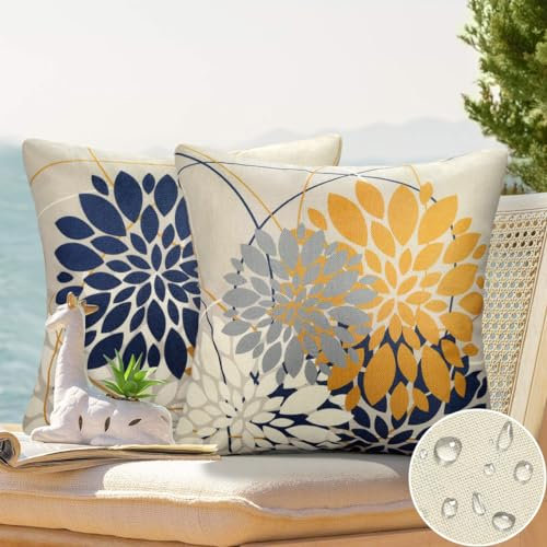 wasserdichte Kissenbezug 45x45cm Outdoor Kissen Wetterfest Dahlie Geometrische Blumen Dekokissen Gelb Und Blau 2 Stück Leinen Kissen für Wohnzimmer Schlafzimmer Sofa Garten Terrasse Deko
