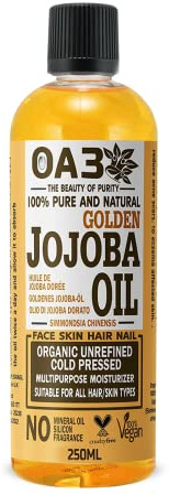 OA3 Golden Jojoba Oil 250ml – 100% Pure & Natural Cold Pressed Carrier Oil – For Skin, Hair & Nails