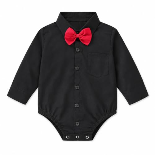 OPAWO Baby Shirt Romper 100% Organic Cotton Newborn Vests, Long Sleeve Bodysuits for Baby Boys and Girls, Bow-tie Button Down Babies T Shirts for Wedding Suit Christening Outfit (Black L,18-24 Months)