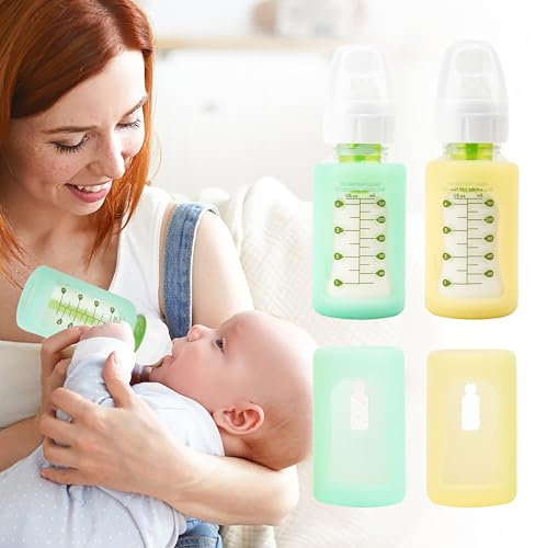 PUREKRA 4PCS Silicone Baby Bottle Sleeves for Dr. Brown Bottles 4 oz, Silicone Bottle Covers Replacement for Dr. Brown Glass Bottles, Narrow Sleeve with a Cutout, Dishwasher/Freezer/Microwave Safe