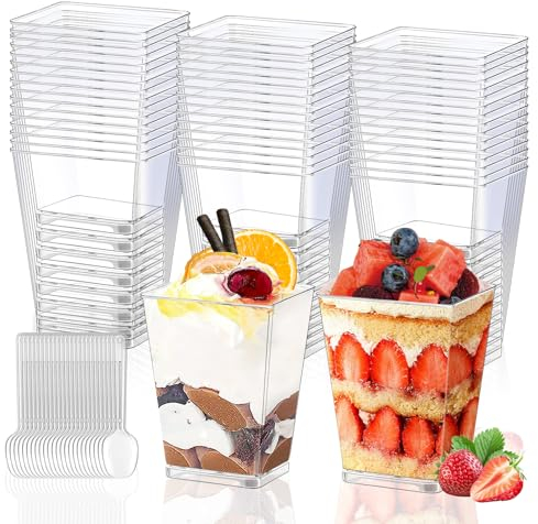 Hisdricus 50 Coupes à dessert,160ml, coupelle plastique, Comprend 50 cuillères à soupe, réutilisables, adaptées pour les desserts DIY, fêtes de desserts, mousses, puddings, glaces, pique-niques