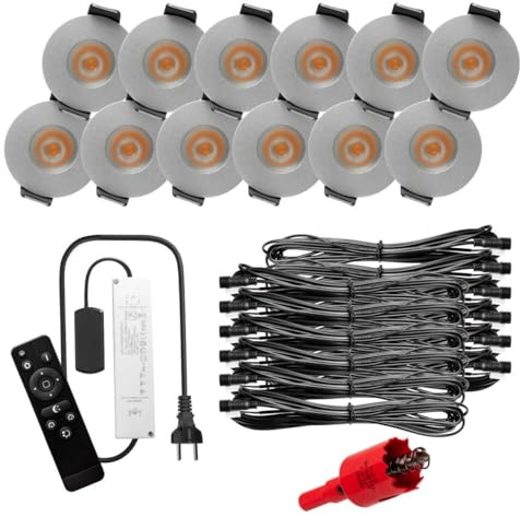 S-Polytec PREMIUM Mini LED- Einbauspots Warmweiss 3.000K, DIMMBAR, IP65, FUNK 3W Einbaustrahler Terrassenüberdachung, Bad, Sauna mit Fernbedienung (SILBER, 12x LED-SET)