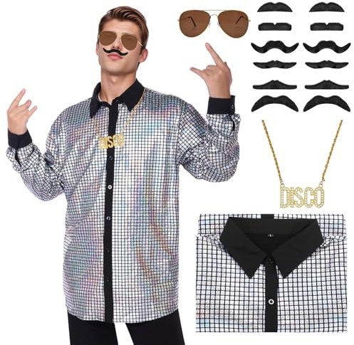 HarnyLoom Hemd Männer 80er Jahre Outfit Herren Disco Hemd Herren Kurzarm Kostüm Retro Hippie Trainingsanzug Bart Verkleidung Sonnenbrille Kostüm Halloween Karneval Party (Silber, S)
