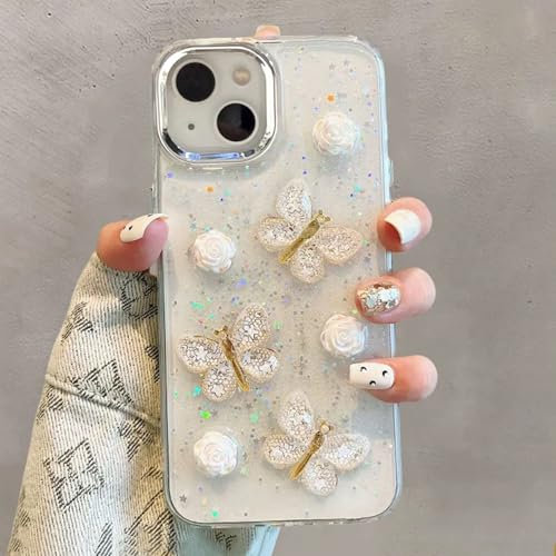 UEEBAI Case for iPhone 14 Plus iPhone 15 Plus, Sparkly Glitter Bling Case 3D Clear Aesthetic Cute Butterfly TPU Phone Flower Case Slim Non-Yellowing Protective Cover for Women Girls,White