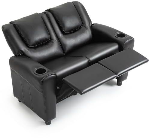 AVAWING Kindersessel, Kindersofa mit Liegefunktion, Doppelsofa, Relaxsessel mit Getränkehalter, Liegesofa mit Verstellbarer Fußstütze für Mädchen & Jungen ab 3 Jahre, Kunstleder,Schwarz