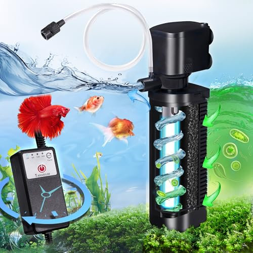 U-V-Filter für Aquarium, 20-75 Gall. Aquarium mit Timer, interne leistungsstarke 200 GPH Wasserpumpe, grün, saubere Maschine, Tauchluft, einstellbarer biochemischer Schwamm, grüner Tötungsfilter,