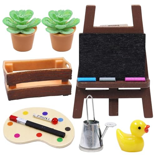 Wichtel Zubehör, Puppenhaus Zubehör, Miniatur Wichtel Zubehör Mal Kunst Set für Wichteltür Deko und 1/12 Puppenhaus, Weihnachten Wichtelzubehör, DIY Staffelei Topfpflanze Gießkanne