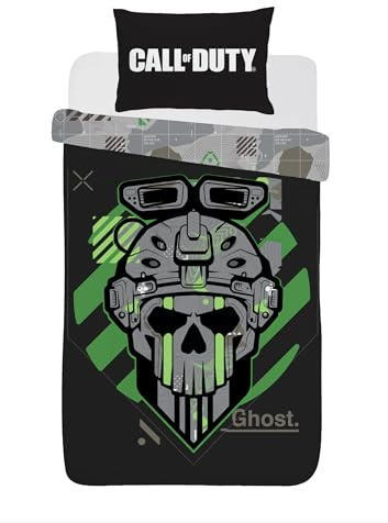 Call of Duty Single Duvet Cover Set | Official COD Polycotton Bedding | 135x200cm Reversible Quilt Cover & Pillowcase | Soft & Durable Gamer Bedding (Black/Green, Single)