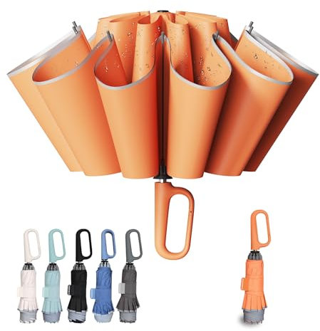TUMAAOTU Compact Inverted Umbrella with Never Forget Carabiner Handle - Travel Umbrella Windproof Strong, Reverse Umbrellas for wind rain, Auto Open Close, 10 Rib Durable Frame for Women Men (Orange)