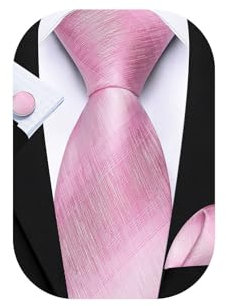 Barry.Wang Men Pink Ties Plain Solid Color Handkerchief Cufflinks Necktie Set Formal Wedding Business