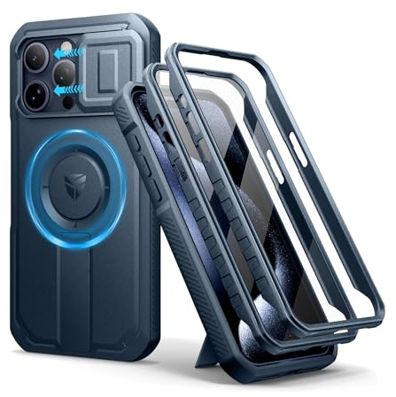 Dexnor Kompatibel mit iPhone 15 Pro Max Hülle mit Kameraabdeckung Schieben & Einstellbarer Kickstand & Integrierter Displayschutz, Robuste stoßfeste Bumper Heavy Duty Mangetic Schutzhülle - Marineblau