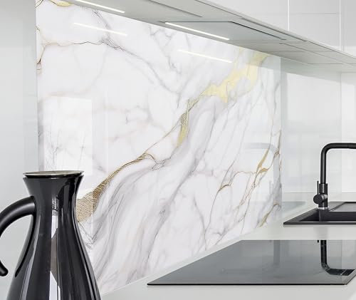 timalo Spritzschutz Wand für Herd, Küche Küchenrückwand Glasoptik | Acryl Glas 2mm | Glasrückwand Acrylglas Wandpaneele Küchenspiegel | 80x60cm Weißer Marmor mit Gold