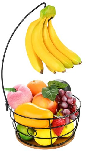 DIYZON Countertop Fruit Basket Bowl with Banana Hanger, Modern Standing Fruit Vegetable Bowl Storage, Storage Basket Fruit with Fruit Hook, Suitable for Kitchen Countertop (Round Wood, Black)