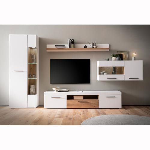 Lomadox Wohnwand TV-Wand Anbauwand Vitrinenschrank Lowboard Wandboard Hängevitrine weiß mit Eiche