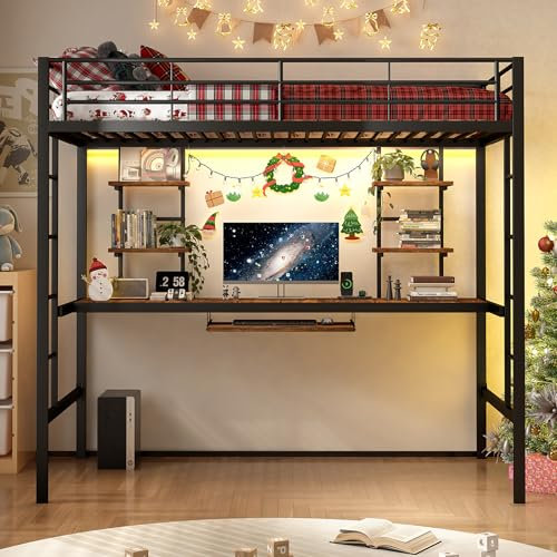 Ntxplora Lit Mezzanine 90x190 en Métal, Lit Mezzanine 1 Place avec Bureau, 4 Étagères et 2 Échelles, avec Garde-Corps pour Adolescent et Adulte, pour Chambre à Coucher et Dortoir, Noir