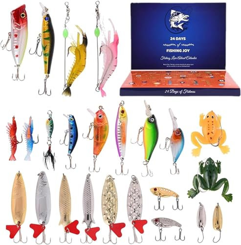 Weihnachten Adventskalender 2024 Angelköder Set, 24 Tage Überraschung Tackle Geschenk für Angler