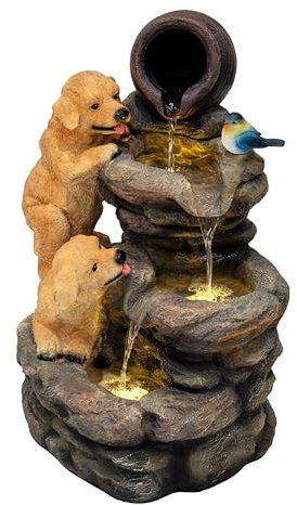 Kaskadierende Outdoor-Wasseranlage – Elektrischer Gartenbrunnen in Grau – warmweiße LED-Leuchten – Netzbetriebene Pumpe – Deko für Garten & Zuhause – Canine Creek – Reinigungsbürste