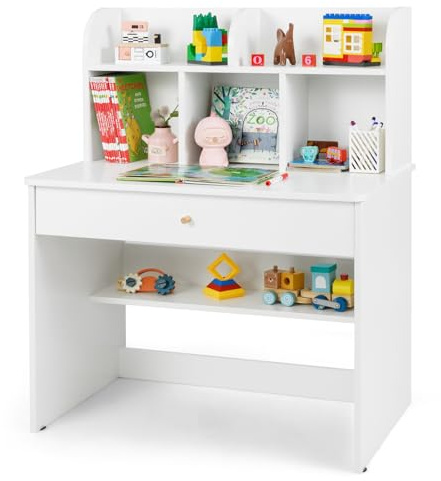 COSTWAY Scrivania per Bambini 3+ Anni in Legno Salvaspazio, Bianco | Banco Scuola con 5 Mensole, Cassetto, Spazio di Lavoro e Angoli Arrontondati, per Studio e Cameretta per Studio e Disegno