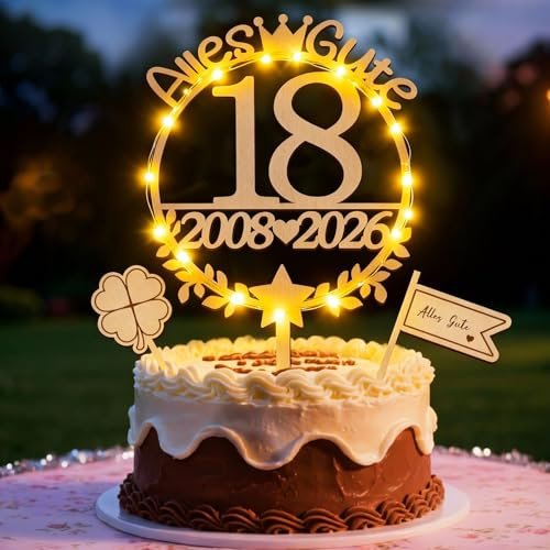 Tortendeko 18 Geburtstag Mädchen, Tortendeko Geburtstag Cake Topper Holz | 18. Geburtstag Junge Mädchen mit LED Geburtstagsdeko Tischdekoration 2008 bis 2026 Kuchen Deko Hochzeitstag