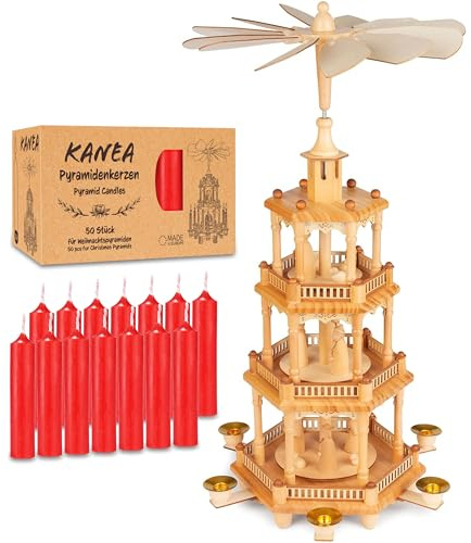 BRUBAKER Weihnachtspyramide aus Holz inkl. 50er Pack Pyramidenkerzen Rot - 55 cm große Holzpyramide für Weihnachten - Tischpyramide Drehbar - 4 Etagen - Handbemalt