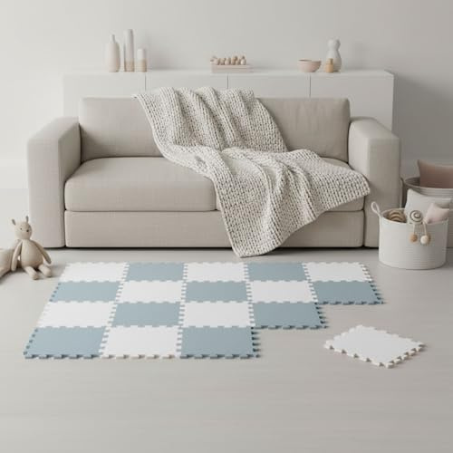 LittleTom Spielmatte Baby Puzzlematte Blau & Weiß - 18 Matten je 30x30 cm Krabbelmatte 180x90 cm Bodenmatte Kinder - Puzzle Teppich Kinderzimmer - Bodenschutzmatte Spielteppich - Eva Schaumstoffmatte