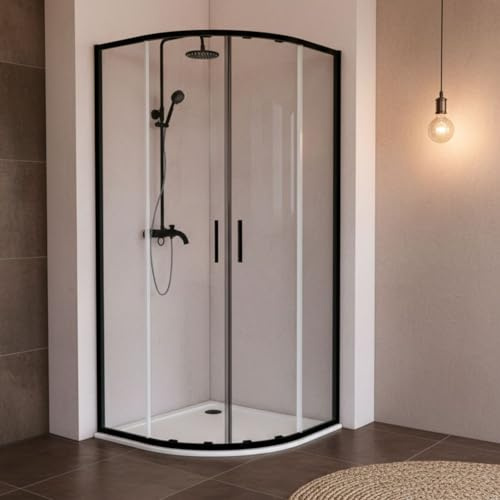 SOULHOME Mampara de ducha semicircular 90x90 cm Altura 200 cm NEGRO | Mampara Semicircular (corredera + fijo) + (corredera + fijo), RADIO ROCA, Vidrio de seguridad 6mm tratamiento antical