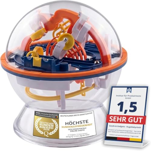 GOODS+GADGETS® 3D Kugellabyrinth 18cm 138 Etappen Labyrinth Kugel Spiel | Fördert Konzentration und Geduld, 3D Geschicklichkeitsspiel mit griffigem UFO-Ring, 18cm Labyrinth Ball aus Kunststoff.