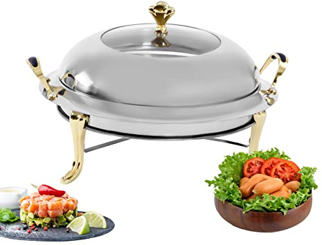 Chafing Dish, calentador de plato de aparador de acero inoxidable dorado, estufa redonda 3L con tapa y soporte combustible, mantenimiento caliente para catering, boda, camping sin electricidad