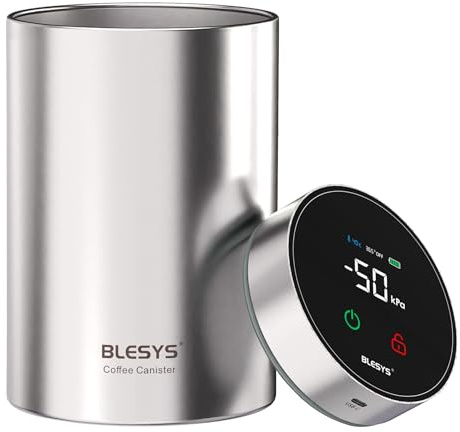 BLESYS Recipiente inteligente para café al vacío (1.8L, plata) | Recipiente de acero inoxidable hermético con pantalla LCD, función de frescura con un solo toque, indicador de fecha