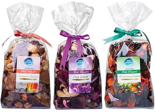 Pan Aroma Pot Pourri Gift Set – 3 x 180g Decorative Scented Botanicals (Cashmere & Apricot, Pink Orchid & Mediterranean Orchard) – Home Fragrance & Gift Set