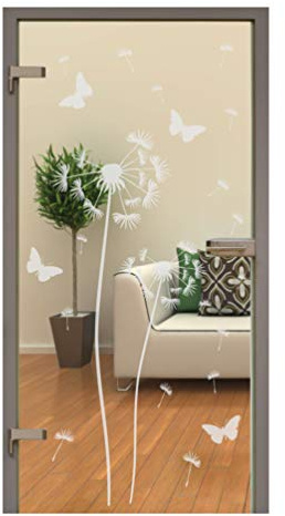 rs-interhandel® Pusteblume als Aufkleber Glasdekor Glastür Tür Aufkleber Fensterfolie Wohnzimmer, incl. lose Pollen und Schmetterlingen