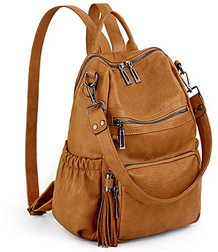 UTO Damen Rucksack PU Washed Leder Modischer Multifunktionsrucksack mit Quastendesign Lässige Schultertaschen vielen Kompartiment Reißverschluss Umhängetasche Rucksack Schule Schulrucksack Gelb