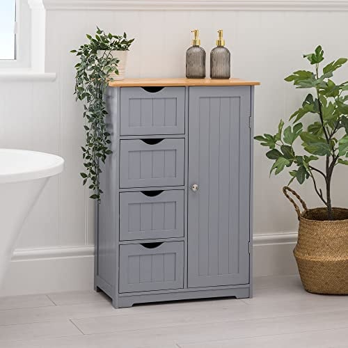 CHRISTOW Bathroom Cabinet Floor Standing, Wooden Grey & Bamboo 4 Drawer Storage Cupboard Unit With Shelf