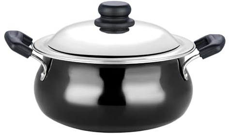 Vinod Hard Anodised Non-Stick Biryani Pot, Stockpot with lid, 3.8 litres | 3.25 MM Thick, Saucepan with Bakelite Handles - Black, (Induction Friendly)