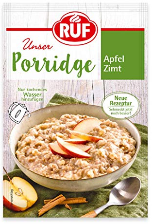 RUF Porridge Apfel Zimt, Instant Haferbrei mit feiner Zimtnote und getrockneten Apfelstückchen, schnelle und einfache Zubereitung, 1 x 65g Beutel