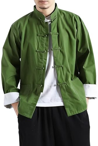 LZJN Chemise de Kung Fu pour homme en coton et lin - Style traditionnel chinois - Tai Chi - Manches longues - Boutonnière