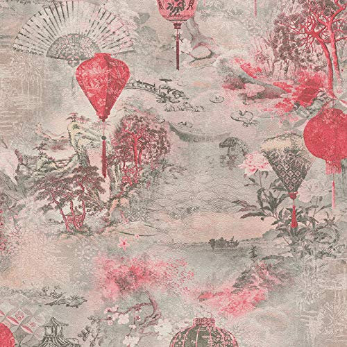 Papier peint original rouge & gris | Tapisserie paysage japon & lanterne pour salon | Papier peint japonais intissé pour chambre