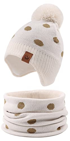 XIAOHAWANG Gestrickte Babymütze, Winter, warme Mütze mit Fleecefutter für Jungen, Mädchen, mit Bommel, 2-4 Jahre