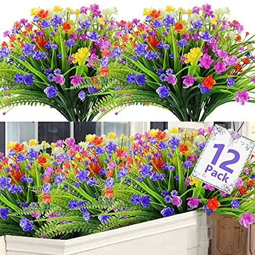 SHEEPPING Lot de 12 Fleurs Artificielles Exterieur Plantes Artificielles 5 Couleurs Résistantes aux UV Bouquets Fleur Plastique Fausses Fleurs Deco pour Balcon Jardin Jardinière Vase Intérieur